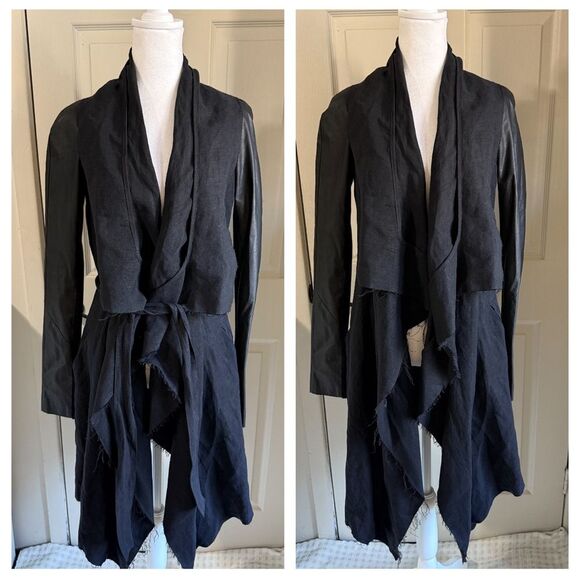 Isabel Benenato Black Draped Jacket Linen Leather Avant Garde Frayed Seam Sz 40 - Picture 1 of 15